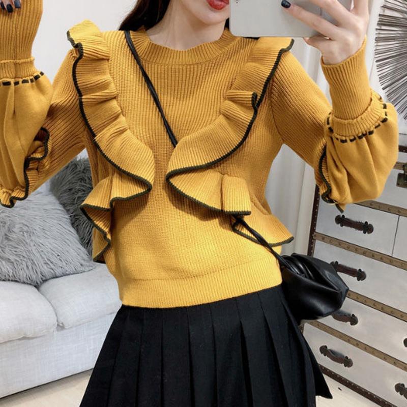 Autumn  Winter Sweater Women's Knit Sweater Round Neck Pullover Fashion Ruffled Wild Long-sleeved Bottoming Shirt