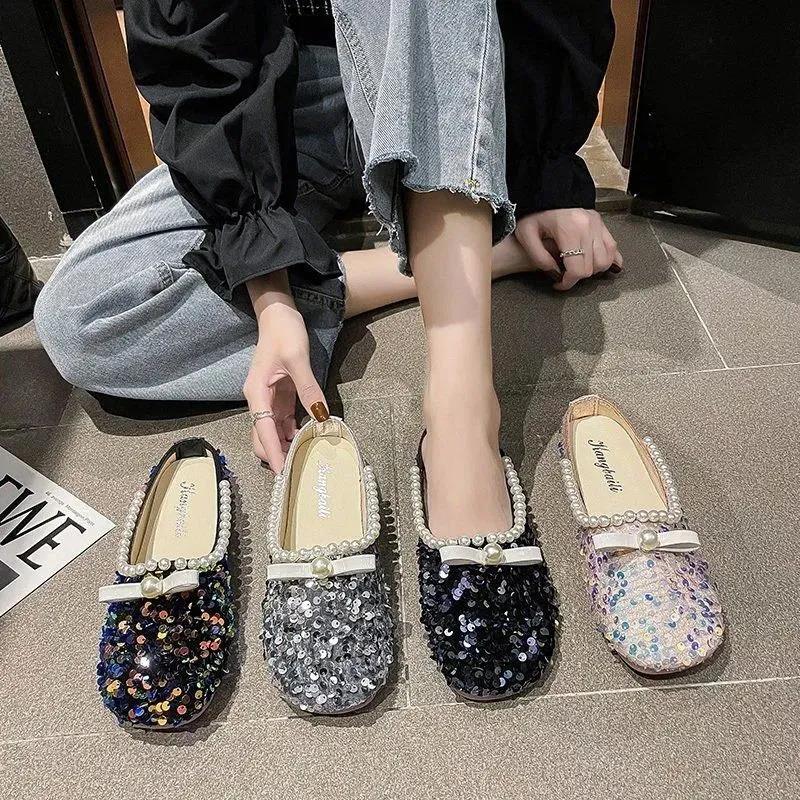 Sequined Baotou Half Slippers Women's Outer Wear Summer Shallow Mouth Women's Shoes Grandma Shoes Soft Sole Peas Shoes