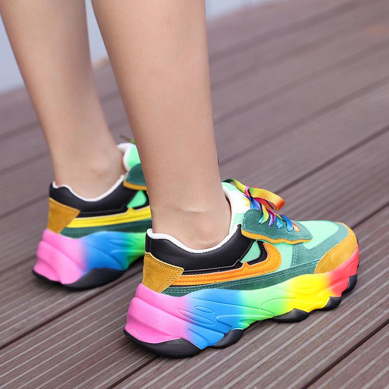 Daddy Shoes Women's Thick Bottom Increased Rainbow Shoes Students Korean Version of Wild Mesh Running Sports Shoes