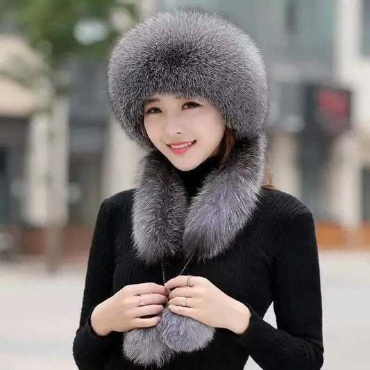 Women's Snow Hat Autumn Winter Faux Fox Fur Hat Scarf Integrated Mongolian Hat Warm Hat Female Long Plush Fluffy Plush Fur Ball Cap Scarf Set