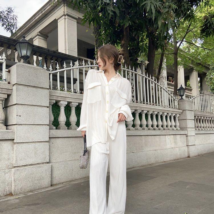 Women's Temperament Wide Leg Pants Set Vintage White Large Size Loose Casual Sunscreen Shirt Breathable Two-piece Set