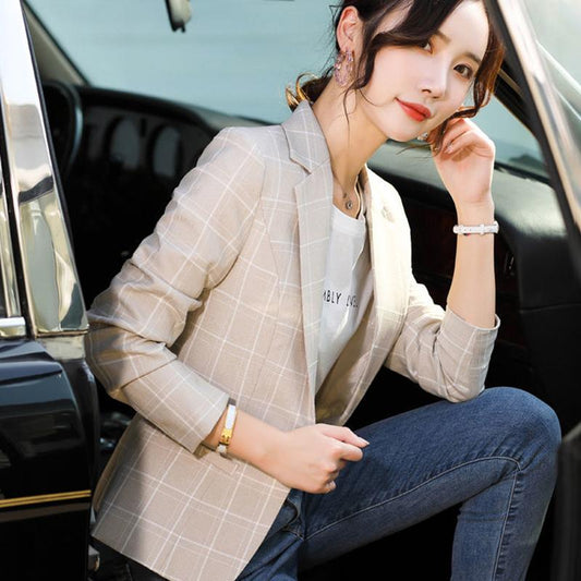 Plaid Jacket Breathable Thin Blazer Temperament Retro All-match Long-sleeved Blouse Women's Self-cultivation Suit Jacket Can Be Worn At Work