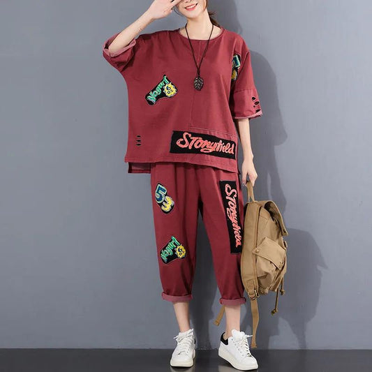 Summer New Loose Large Size Ripped Jacket Patch Printed Casual Two-piece Suit Women