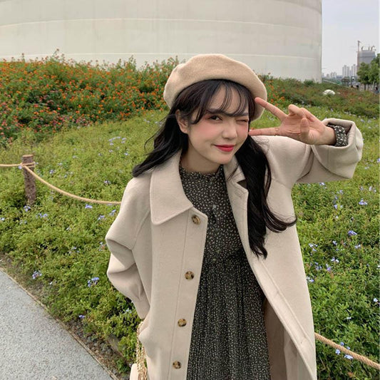 Spring and Autumn Student Mao Ni Mid-length Loose and Thin Thickened Over-the-knee Woolen Coat Jacket Women