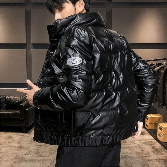 Short White Duck Down Men's Down Jacket Winter Fashion Trend Stand-up Collar Shiny Face Slim Black Jacket