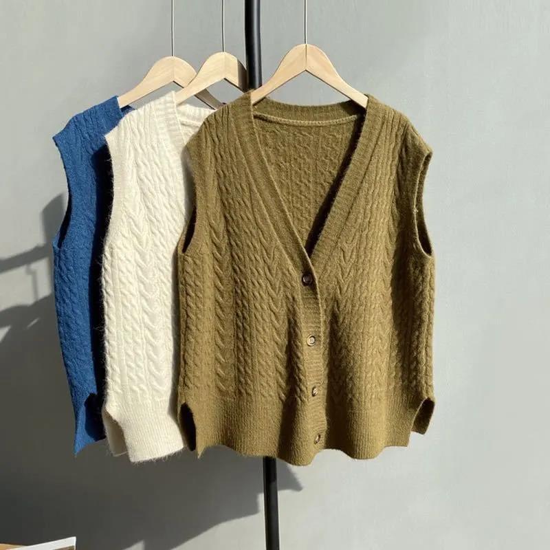 Sleeveless Knitted Vest Cardigan Women Retro Outer Wear Vest with Loose V-neck Sweater Vest Solid Color Simple Sweater Jacket