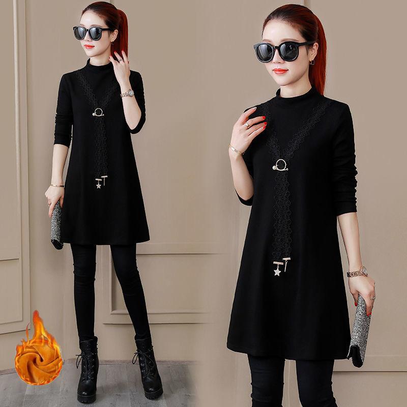 Autumn and Winter Mid-length Thick Top Solid Color Half-high Collar Long-sleeved T-shirt Round Neck Slim Bottoming Shirt Women