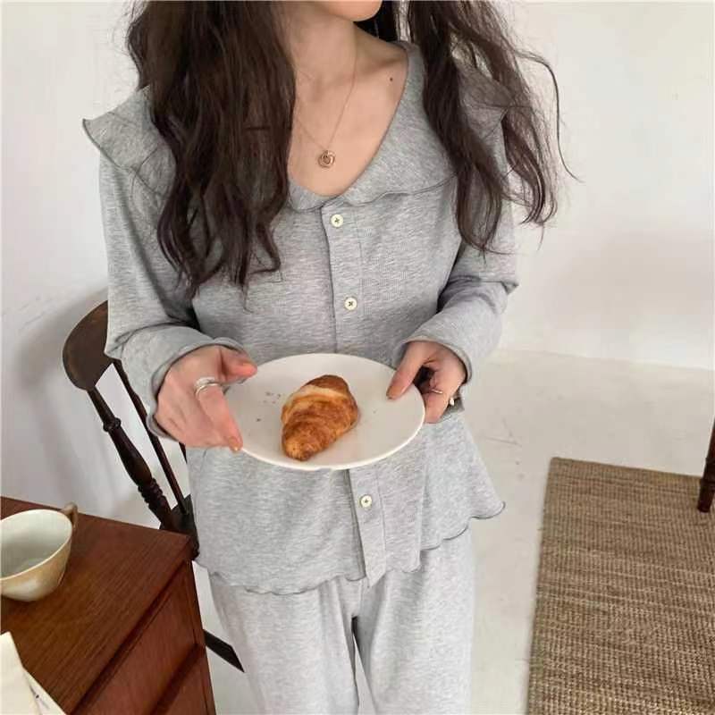 Women's Spring Autumn Long-sleeved Pajamas Set Loose Simple Lotus Leaf Collar Buttons Casual Thin Homewear Two-piece Set Solid Sleeping Suit