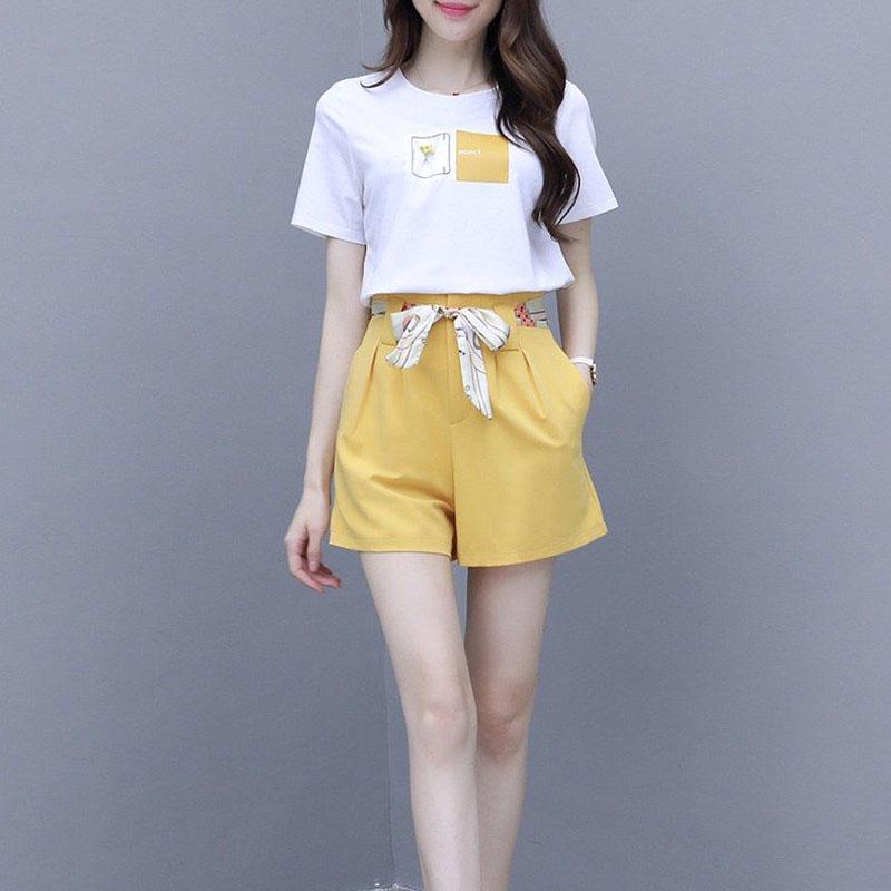 Pofulove Female Shorts Set Print Short Sleeve T-Shirt Wide Leg Shorts Two Piece Set Summer Outfits