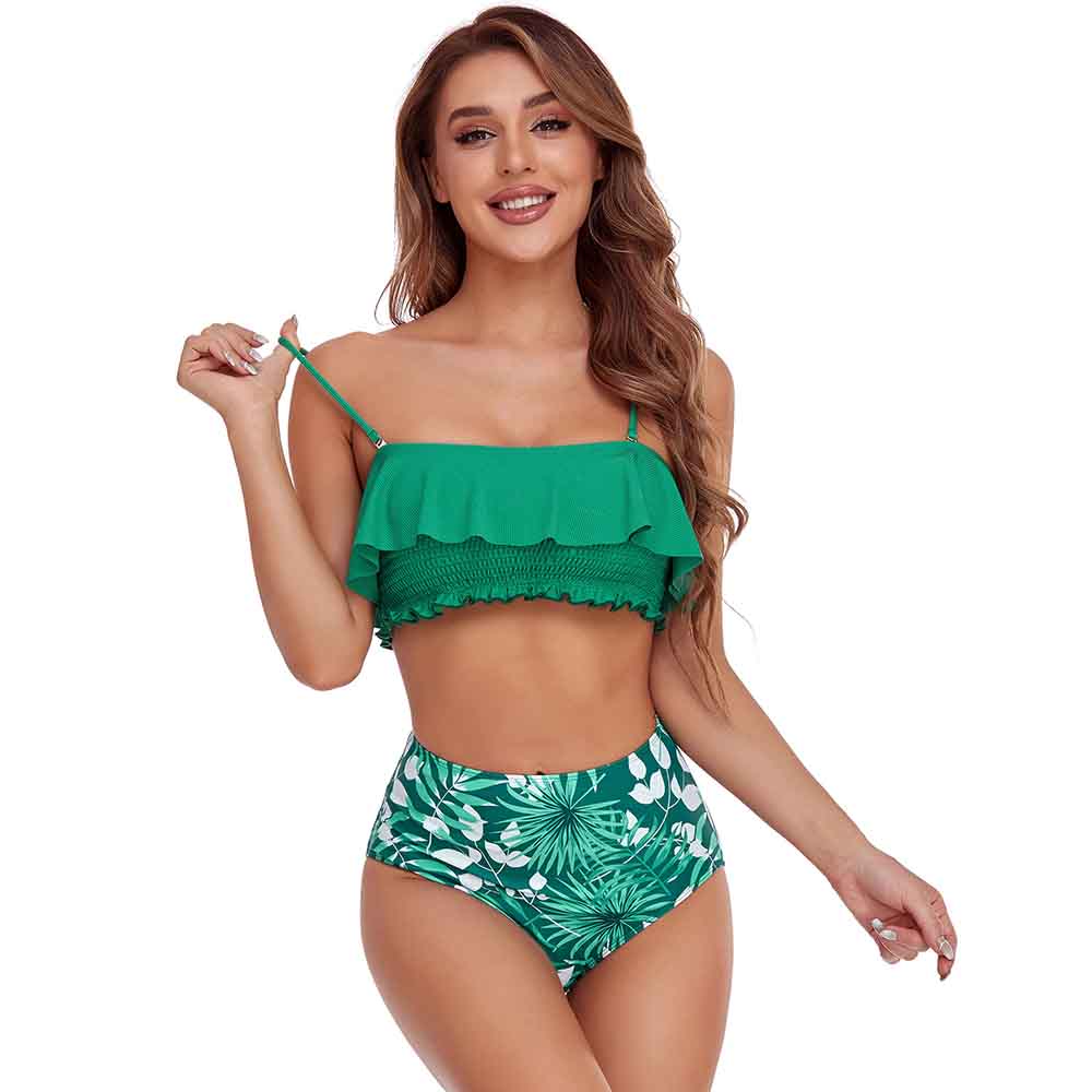 Printed Pit-striped Cable Swimsuit Women's Smocked Bikini High Waist Triangle Lotus Leaf Swimsuit