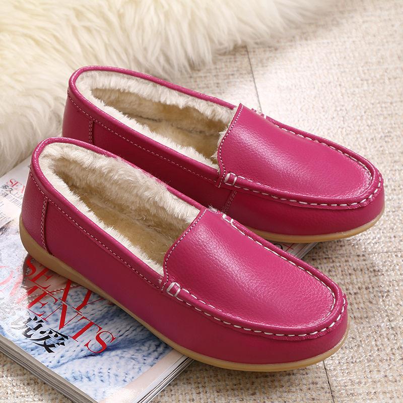 Plus Velvet Flat Leather Shoes Plus Velvet Peas Shoes Female Nurse Shoes Driving Shoes Plus Velvet Warm Cotton Shoes Moccasin Shoes