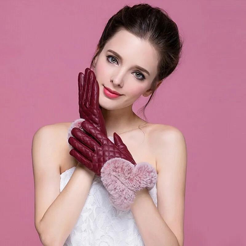 Women's Leather Gloves Plus Velvet Thick Warm Gloves Can Touch Screen Outdoor Biking Winter Leather Gloves