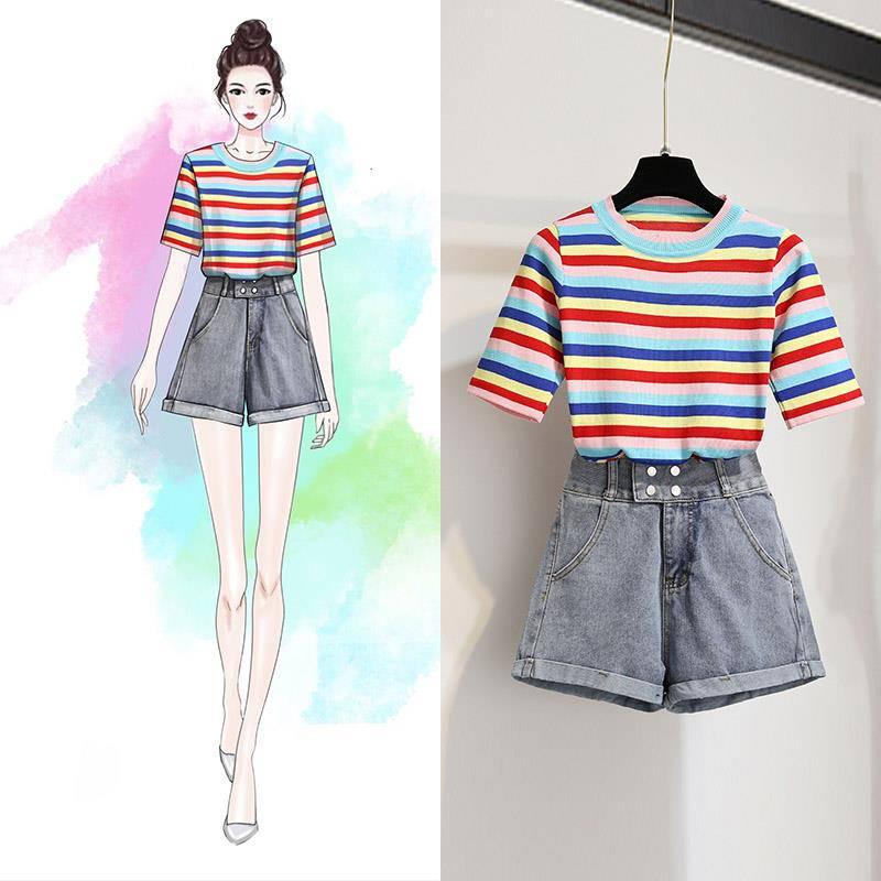 Shorts Set Summer Elastic Rainbow Stripe T-shirt Denim Shorts Two-piece Women's T-shirt Set