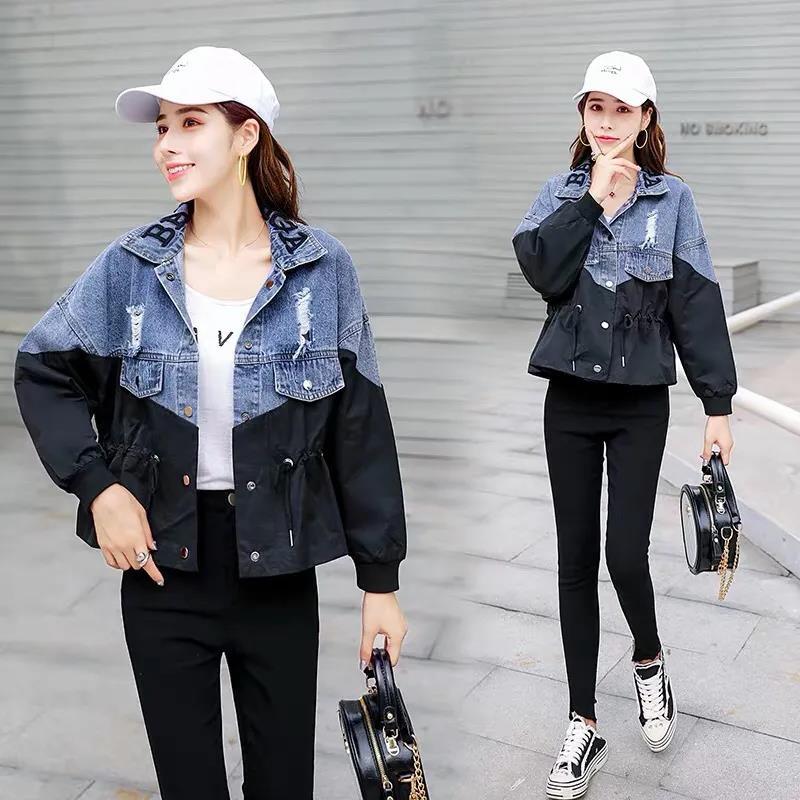 Spring and Autumn Waist Thin Embroidery Stitching Contrast Color Hole Washed Denim Short Jacket Top Ladies Casual Long Sleeve Jacket