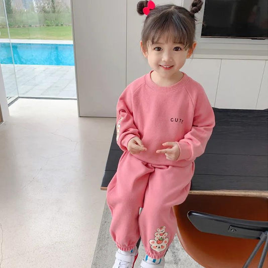 Girls' Suits Spring and Autumn Girls' Baby Children's sets Children's Two-piece Sweater Suits Solid Color Loose Casual Suits