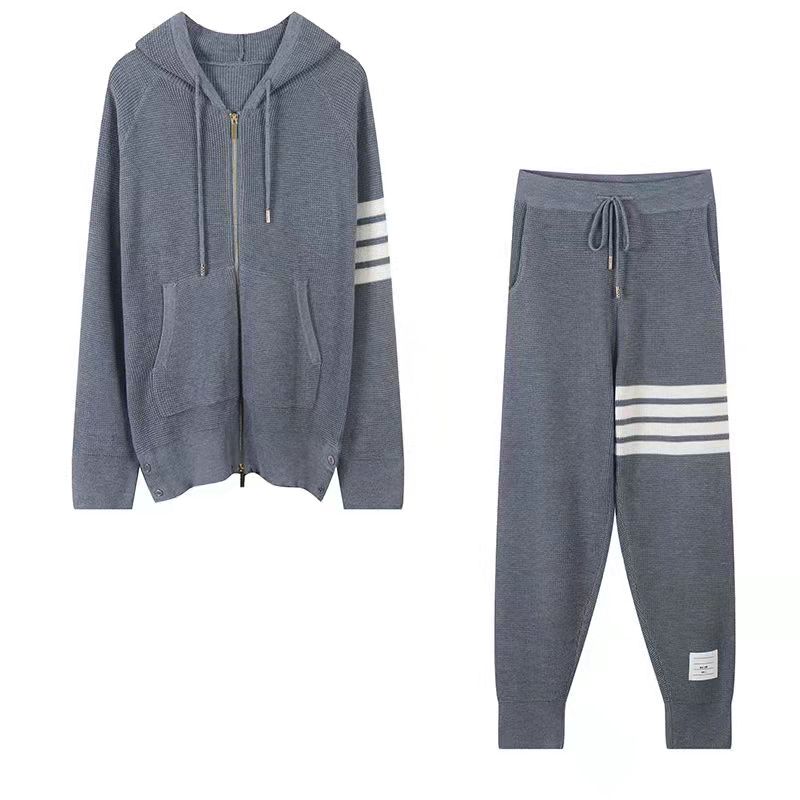 2PCS Four-bar Waffle Casual Sweater Zipper Jacket Loose Straight-leg Pants Two-piece Men's and Women's Same Sports Suit Cardigans for Women