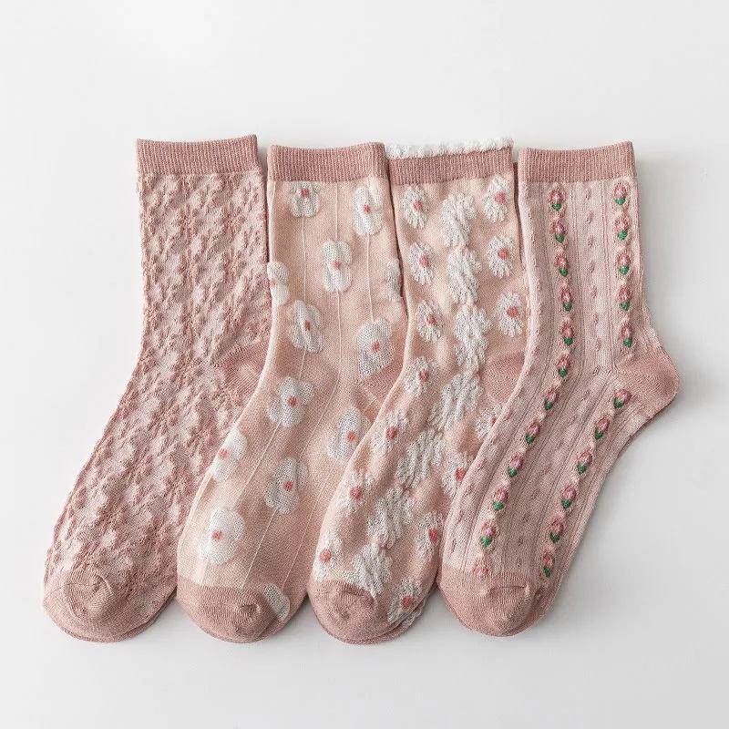 4 Pairs Women's Pink Socks Japanese Sweet Three-dimensional Jacquard Medium High Tube Stocking Spring Autumn Winter Comfortable Elastic Socks