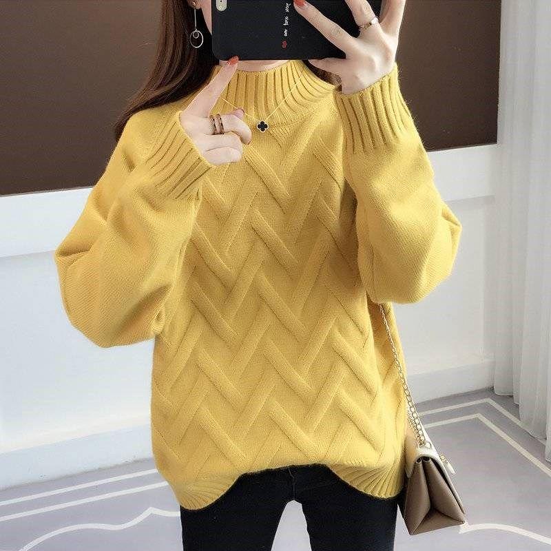 Pofulove Women Thick Loose Pullover Female Jumpers Long Sleeve Pull Femme Casual Knitted Sweater Red