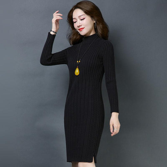 Womens Knitted Dress Autumn Winter Vintage Ladies Slim Sweater Dress Long Sleeve Knit Dresses