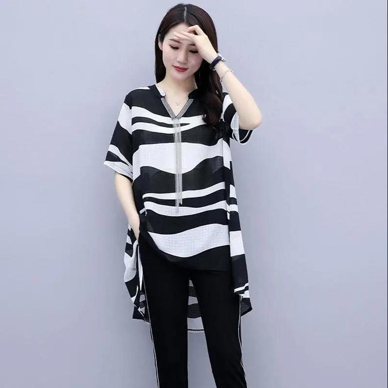 Chiffon Shirt Suit Women's Large Size Printed Loose Long Shirt Two-piece Cover Belly Slimming Chiffon Casual Loose Ladies Two-piece Suit