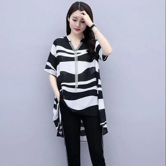 Chiffon Shirt Suit Women's Large Size Printed Loose Long Shirt Two-piece Cover Belly Slimming Chiffon Casual Loose Ladies Two-piece Suit