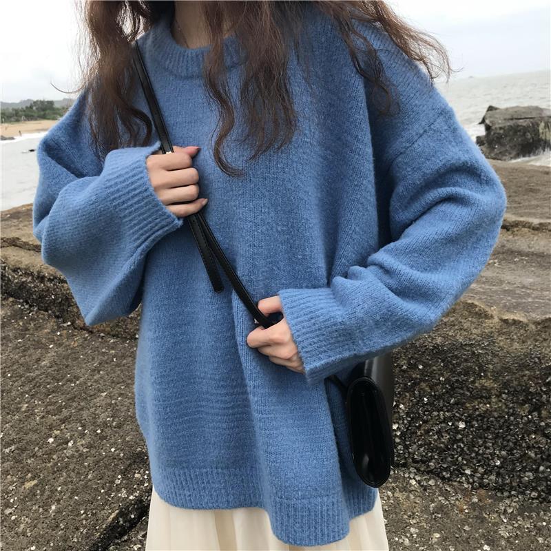 Pofulove Autumn Winter Lazy Pullover Round Neck Sweater Women Korean Loose Base Sweater Coat