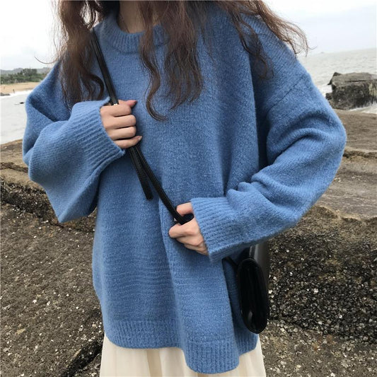 Pofulove Autumn Winter Lazy Pullover Round Neck Sweater Women Korean Loose Base Sweater Coat