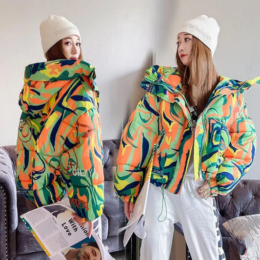 Women's Printed Short Down Jacket Winter Korean Style Loose Quilted Jacket Casual Stand-up Collar Hooded Padded Jacket Quilted Jacket