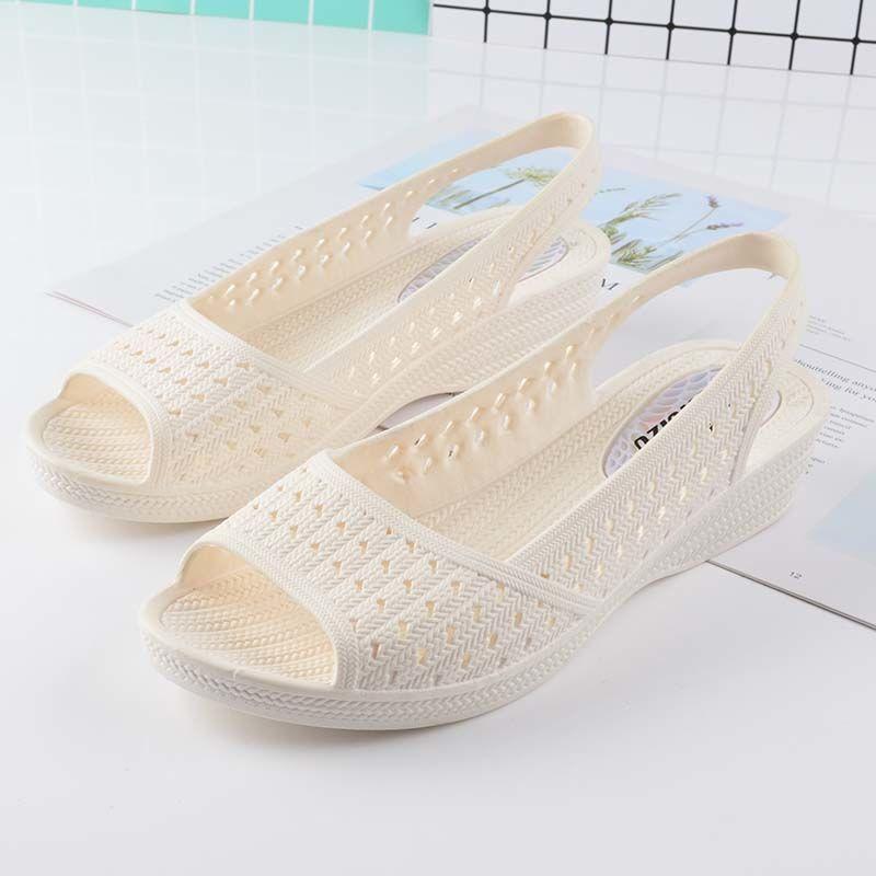 Women's Summer Hole Shoes Wedge Heel Casual Fish Mouth Sandals Soft Bottom Non-slip Beach White Nurse Shoes