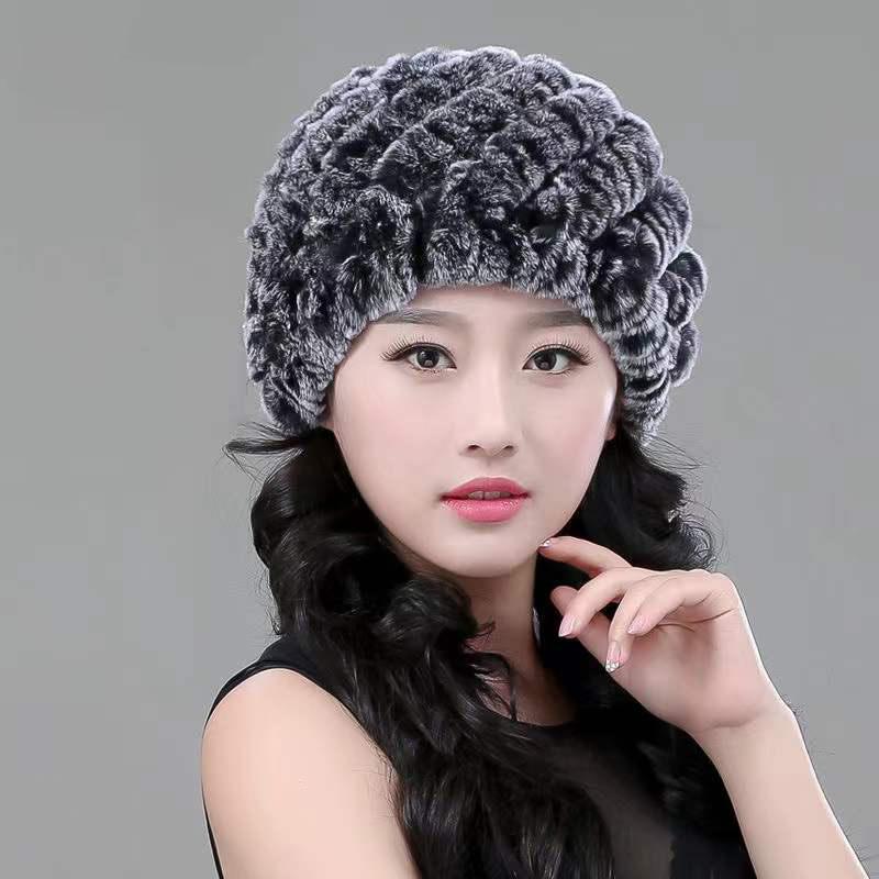 Women's Winter Fur Hats Middle-aged Thickened Warmth Ear Protection Hats Rex Rabbit Fur Woven Hats Ladies Floral Top Caps Fluffy Rabbit Fur Hat