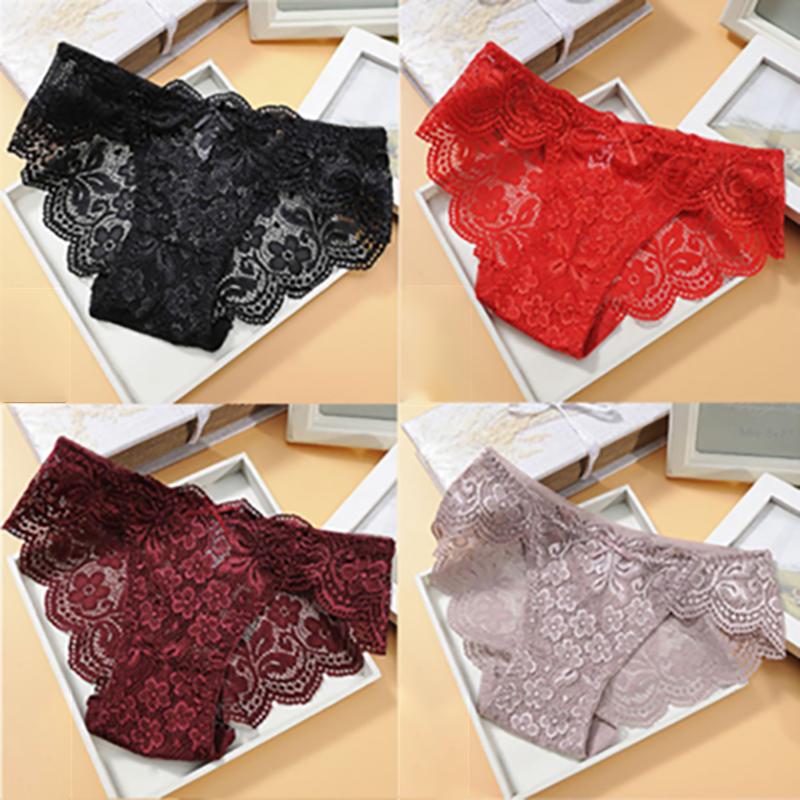 4-pack of Summer Sexy Lace Panties Cotton Crotch Hollow Ladies Panties Seamless Low-rise Women's Underwear