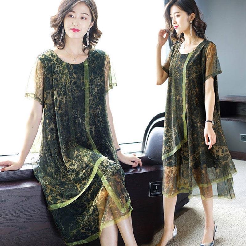 Retro Mesh Stitching Dress Women's Loose Large Size Mid-length Summer Chiffon Skirt