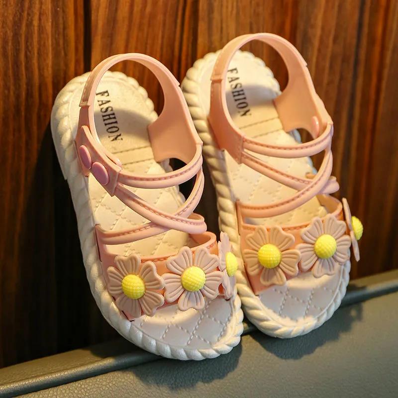 Girls Sandals Girls Summer Soft Sole Flat Beach Sandals Anti-slip Flowers Decoration Casual Princess Light Sandals