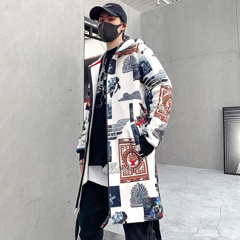 Retro Print Windbreaker Spring Hooded Top Men Casual Loose Coat Soft Comfortable Jacket Long