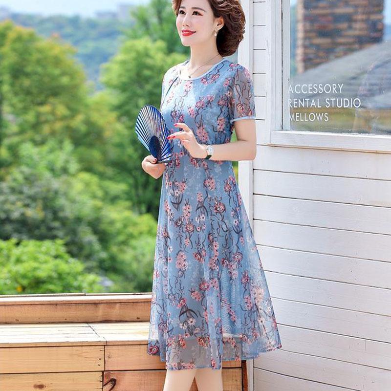 Mom Summer Dress Middle-aged and Elderly Women's Noble Mid-length Chiffon Over The Knee Summer Dress