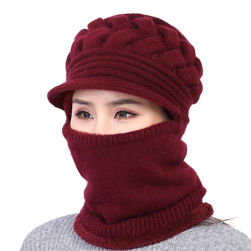 Women's Winter Windproof and Velvet Warm Knitted Woolen Cap Plush Pompon Cap Scarf Crochet Cap