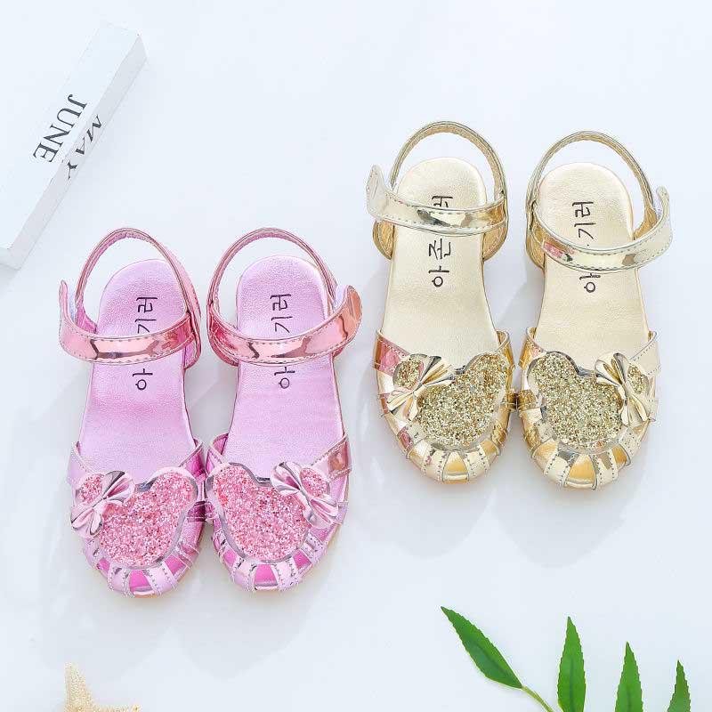 Summer Girls Flat Sandals Flash Children Girls High Heels Bow Leather Shoes Kids Dance Shoes Princess Wear-resistant Non-slip Sandals Size 21-36