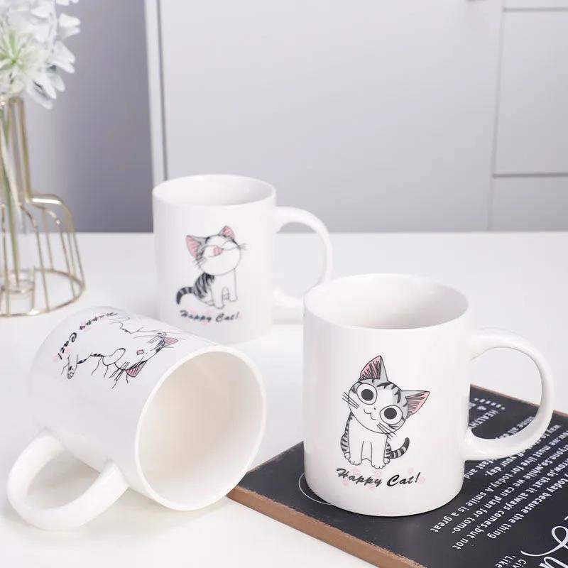 Cheese Cat Cup Male and Female Students Korean Cute Drinking Cup Ceramic Mug with Lid with Spoon Cartoon Private House Cat