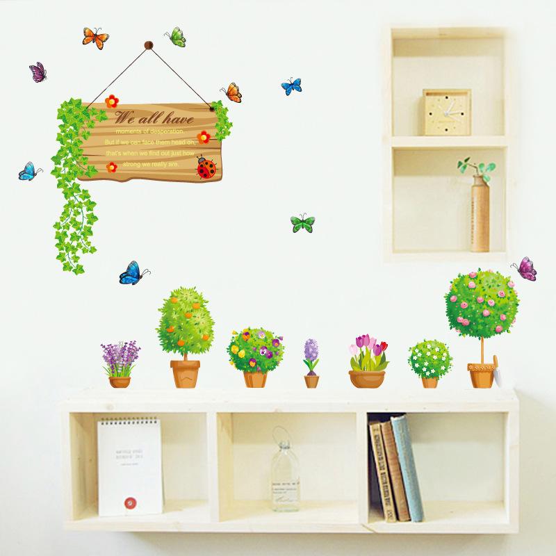 Flowerpot combination wall sticker removable glass window bedroom waterproof green spring wallpaper