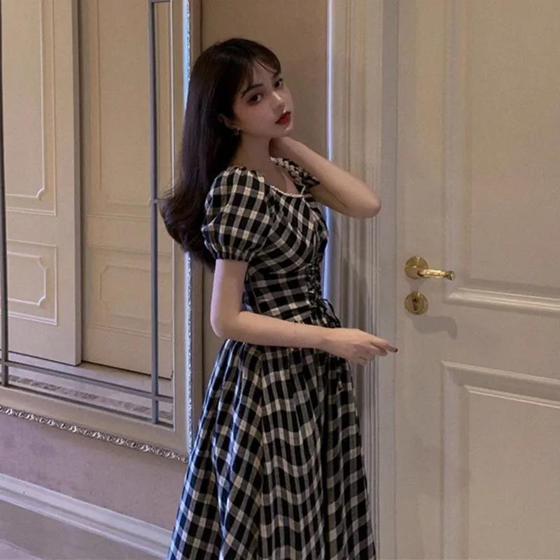 Female Vintage High Waist Super Fairy Holiday Dress Elegant Slim Pleated Retro Plaid Party Dress