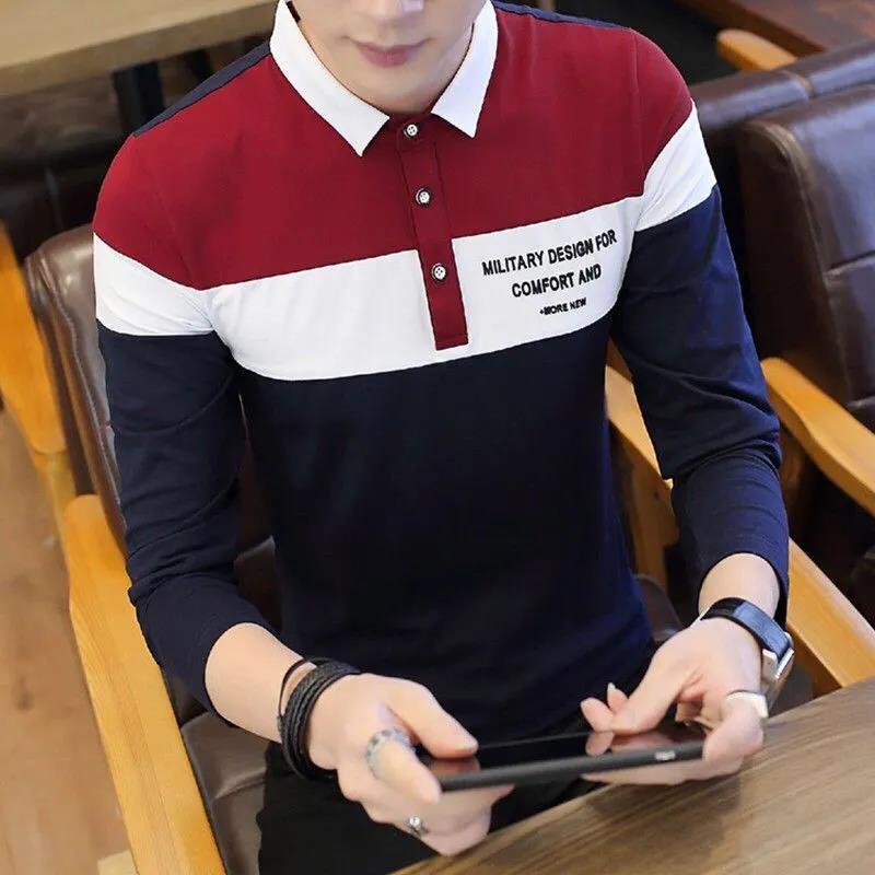 Cotton Long Polo Shirt Men's Lapel Shirt Autumn Trend Wild Young and Middle-aged Men's Clothing