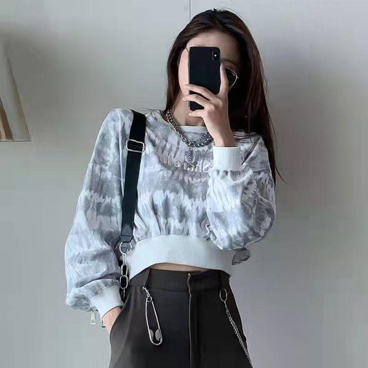 Women's Retro Tie Dye Sweater Loose Thin Lazy Style Short Long Sleeve Top Cropped Navel Statement Top Athletic Girl Pullover Dark Sweatshirt