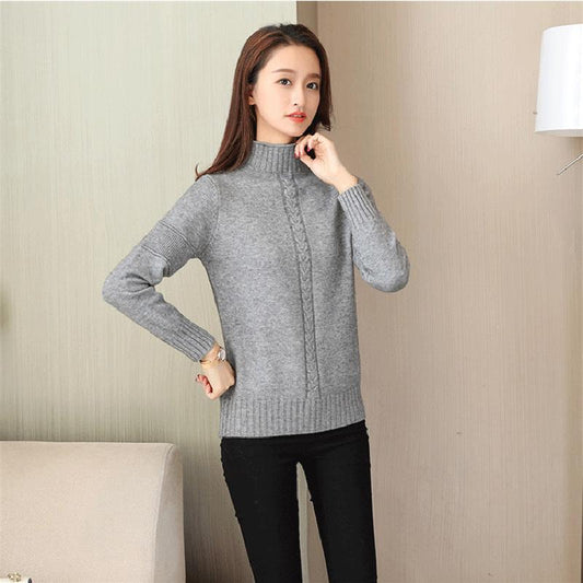 Winter Women Grey Short Turtleneck Thicken Pullover Sweater Twist Loose Office Sweatshirts