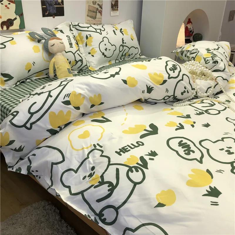 Simple Floral Cotton Bedding, Large Washed Cotton Double Bed Single Quilt Cover Four-piece Set