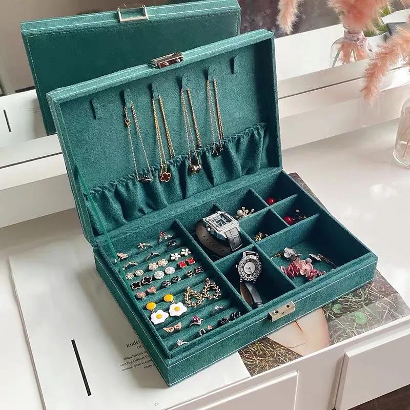 Green Flannel Jewelry Storage Earrings Ring Multifunctional Jewelry Storage Box Creative Necklace Dark Green Jewelry Box