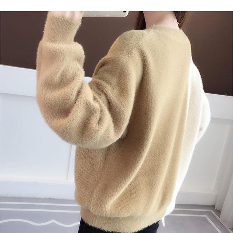 Autumn and Winter Color Mix Jacket Long Sleeve Round Neck Bottoming Shirt Fuzzy Casual  Loose Sweater