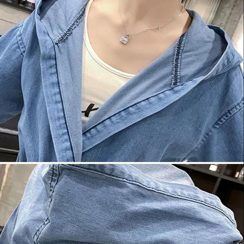 Long Denim Jacket Women's Wild Loose BF Casual All-match Windbreaker Women's Waist Hooded Denim Windbreaker Warm Jacket