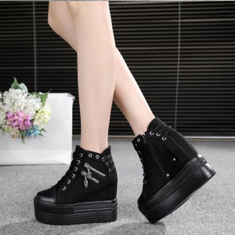 Women's  Canvas Shoes Wedges Heel Thick Bottom Increased Casual Shoes High-heeled Platform Lace Up Wedge Sneakers