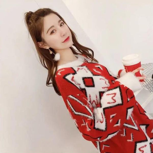 Autumn and Winter Color Christmas Sweater Loose Pullover Student Jacket Mid-length Hippocampus Sweater Long-sleeved O-neck Top