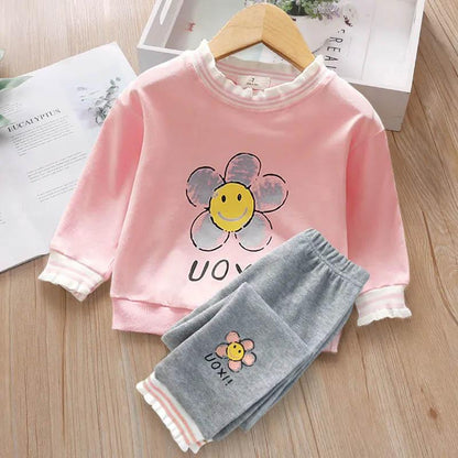 Baby Solid Color Printed Long Sleeve Pullover Sweater Gray Lace Pants Two Pieces Spring and Autumn Suit Casual Children's Cotton Comfortable Soft Suit